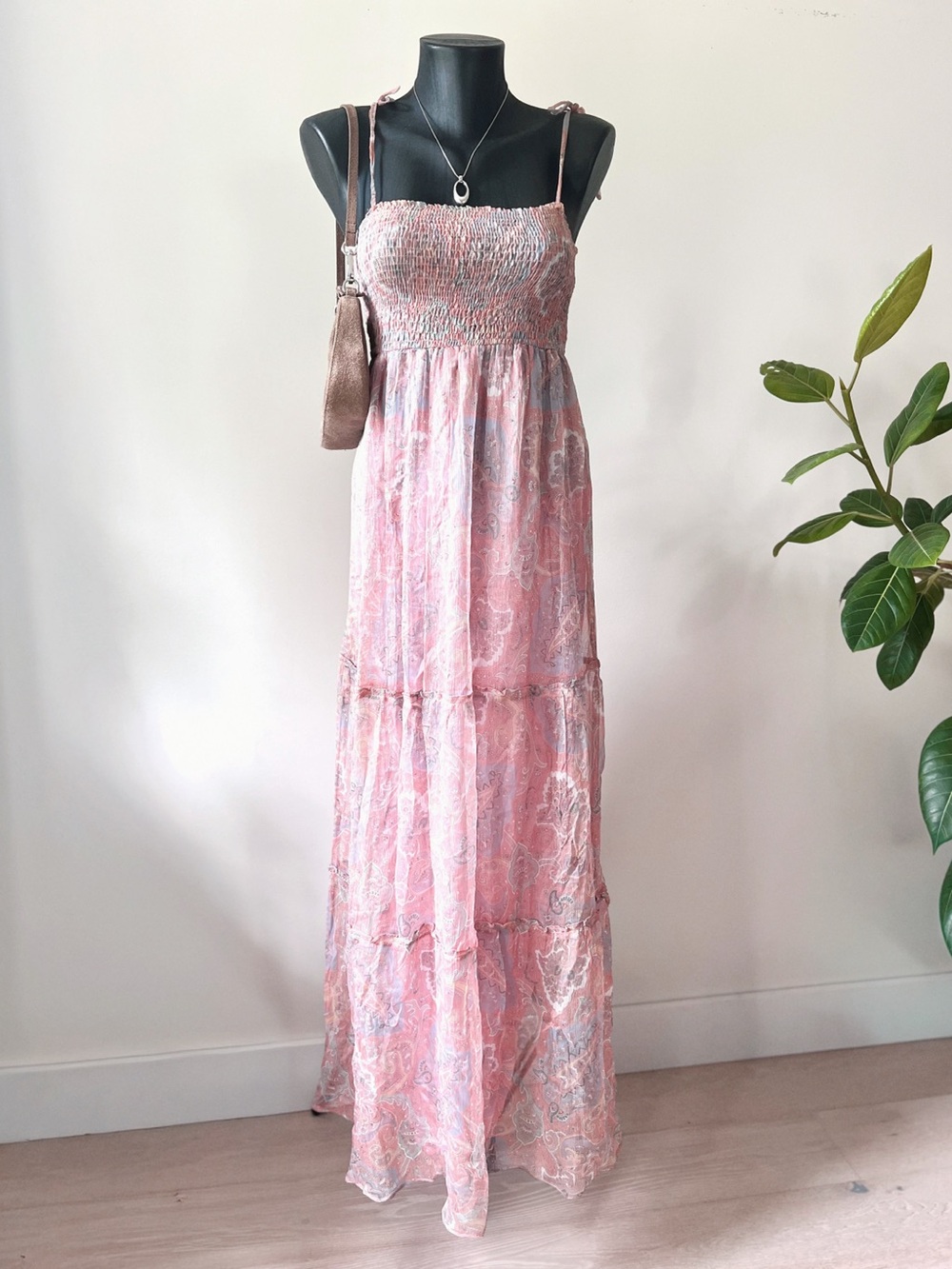 Vintage | 100% Silk Pink Paisley Smocked Boho Maxi Dress